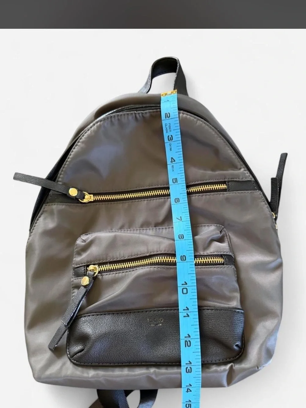 Gray Nylon Backpack with Black Leather Trim and Gold Hardware